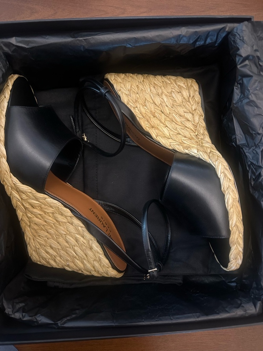 Yves Saint Laurent Black Leather Woven Espadrille Wedge Sandals
